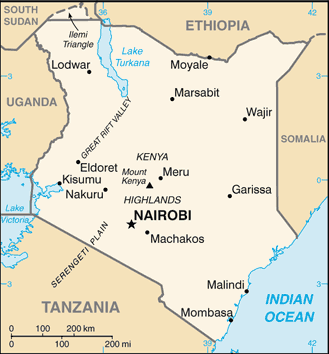 Carte du Kenya indique Mombasa et la région côtière