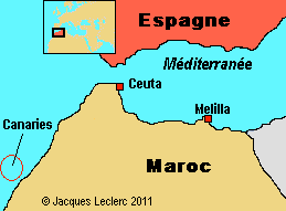 La location de Melilla, une «ville autonome de l'Espagne» sur la côte nord-est du Maroc. 