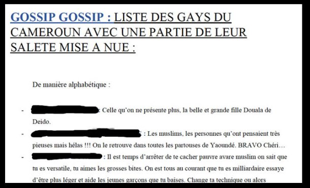 Une partie de la liste venimeuse des homosexuels presumés au Cameroun
